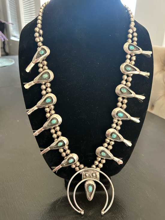 Navajo Jewelry - Sterling Silver Turquoise Squash Blossom Necklace -